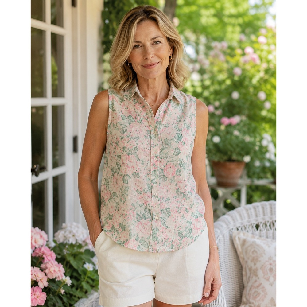 VTG LRL Linen Top Womens L Pink Rose Floral Sleeveless Cottage Garden Romantic